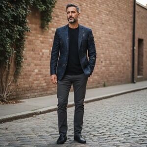 Vintage Vinci 2-Button Italian Suit Jacket Mens Navy Blue Paint Splatter 4XL NWT